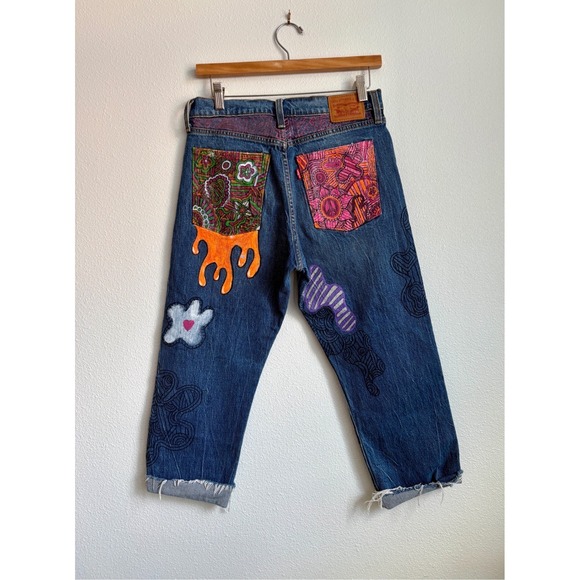 Levi's Denim - Levis 501 Custom Painted y2k DIY Cartoon Art Cropped Jeans Medium Wash Denim 29